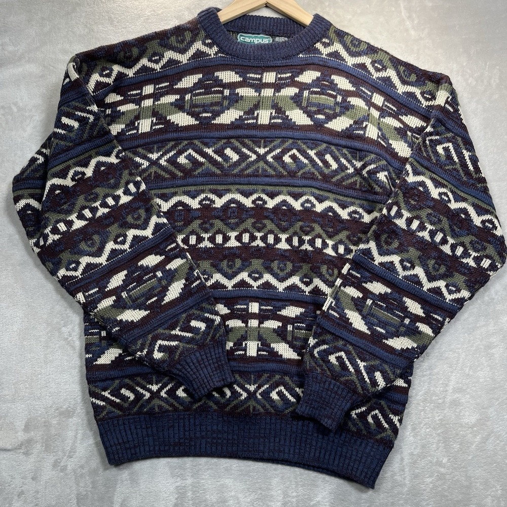 Vintage 80s Campus Sweater L Geometric Crewneck Grandpa